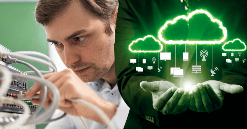 Mitarbeiter Server Montage und Hände, die Cloud halten